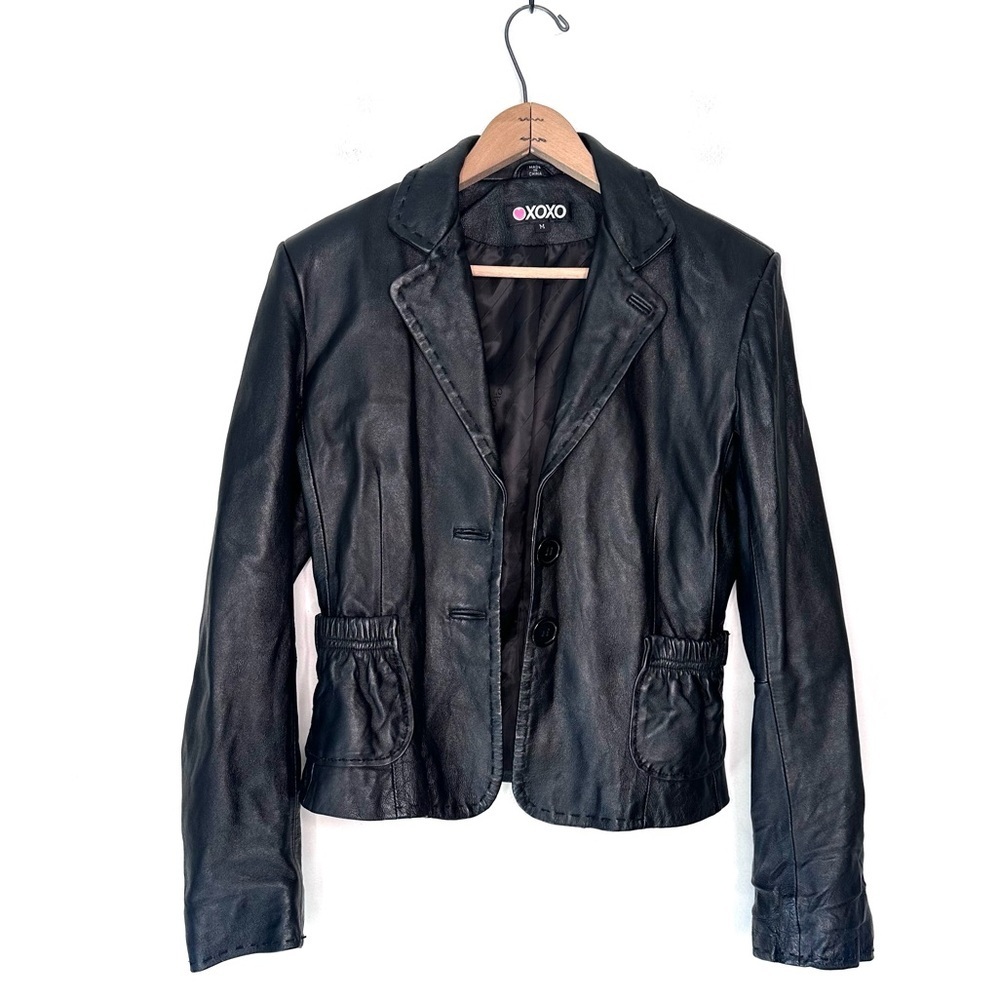 XOXO Women's Black Fitted Leather Blazer Jacket 2 Button Closure Size Medium